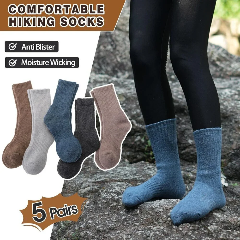 5 Pairs Women Merino Wool Socks Hiking Warm Winter Thick Thermal Crew Dark Grey